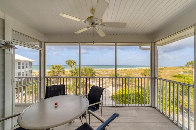 sunroom / solarium featuring ceiling fan and a water view