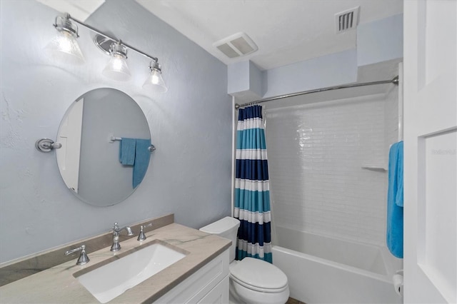 full bathroom featuring shower / bath combination with curtain, toilet, and vanity