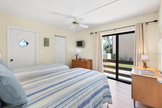 bedroom featuring access to exterior, a closet, ceiling fan, and light hardwood / wood-style flooring