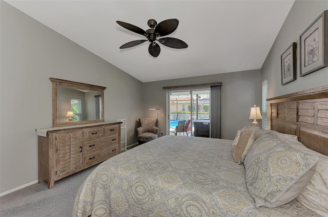 bedroom featuring ceiling fan, lofted ceiling, access to exterior, and light colored carpet