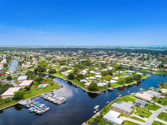 bird's eye view with a water view