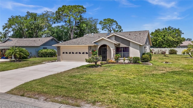 ranch-style home featuring a front lawn and a garage