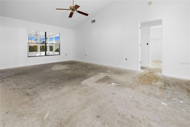 unfurnished living room featuring high vaulted ceiling and ceiling fan