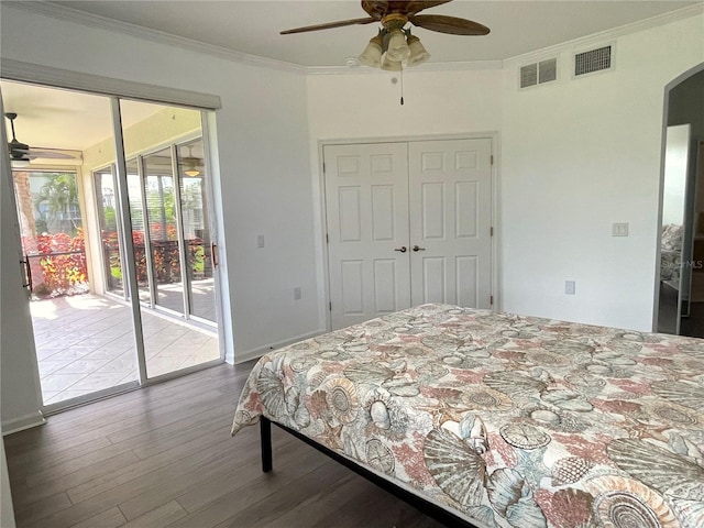 bedroom featuring crown molding, wood-type flooring, access to outside, and ceiling fan