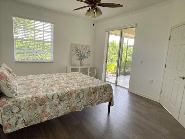 bedroom featuring dark wood-type flooring, crown molding, access to outside, and ceiling fan