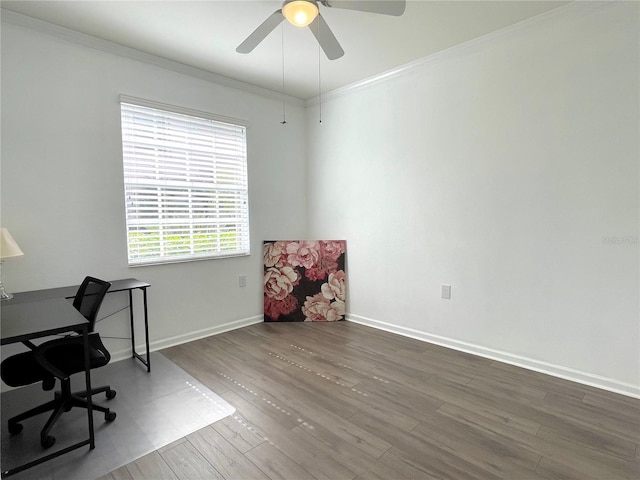 home office with ceiling fan, ornamental molding, and wood-type flooring