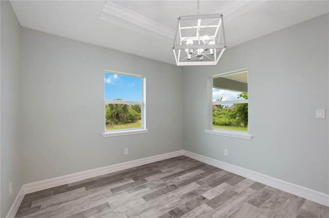 spare room with a notable chandelier, light hardwood / wood-style floors, and a raised ceiling