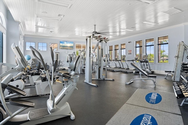 exercise room featuring ceiling fan and ornamental molding