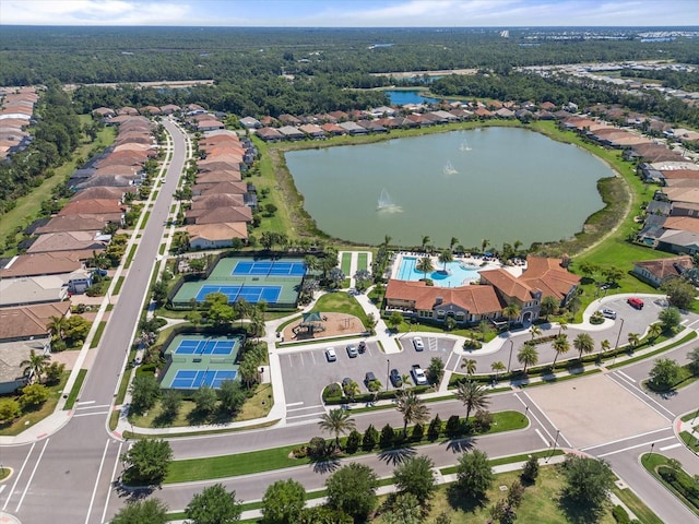 drone / aerial view with a water view