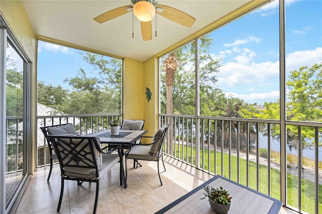 sunroom featuring ceiling fan