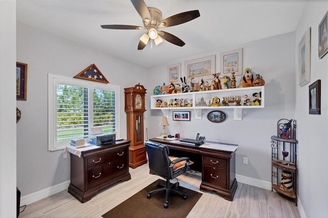 office with ceiling fan and light wood-type flooring