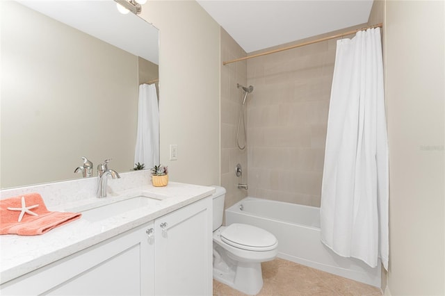 full bathroom featuring large vanity, shower / bath combination with curtain, toilet, and tile flooring