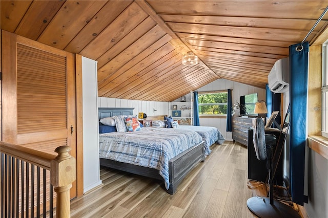 bedroom with wooden ceiling, hardwood / wood-style flooring, an AC wall unit, and lofted ceiling