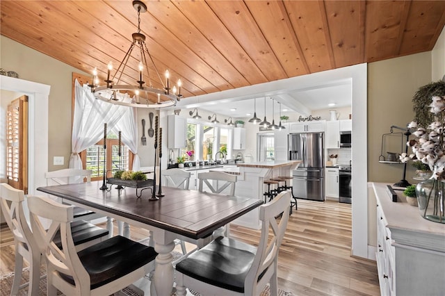 dining room featuring wooden ceiling, light wood-type flooring, and an inviting chandelier