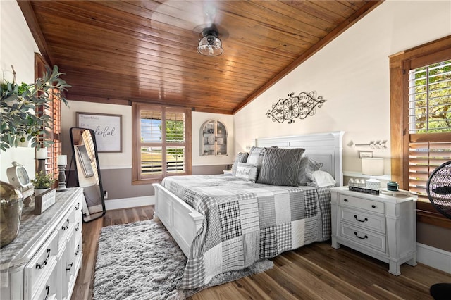 bedroom with wooden ceiling, ornamental molding, vaulted ceiling, and dark hardwood / wood-style flooring