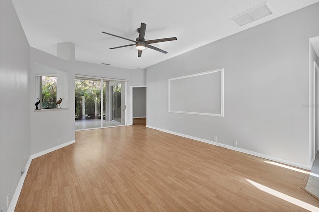 unfurnished room featuring ceiling fan and light hardwood / wood-style flooring