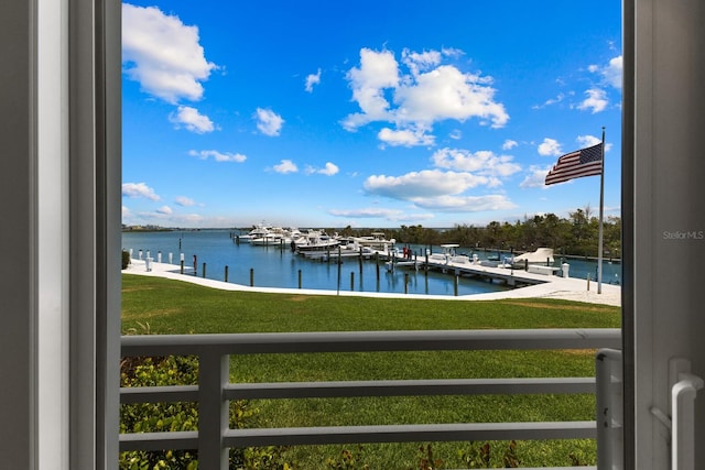 view of water feature with a boat dock