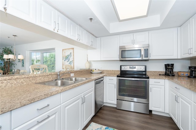 kitchen with appliances with stainless steel finishes, dark hardwood / wood-style floors, sink, and white cabinetry