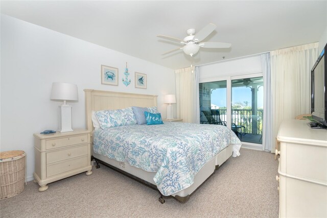 bedroom featuring ceiling fan, light carpet, and access to exterior