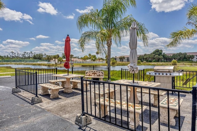 view of patio featuring a water view