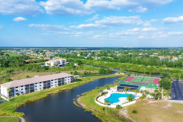 drone / aerial view with a water view