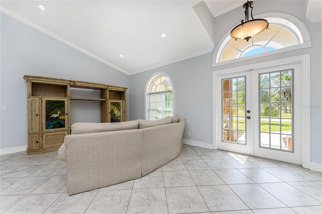 living room featuring french doors, light tile patterned floors, high vaulted ceiling, and ornamental molding