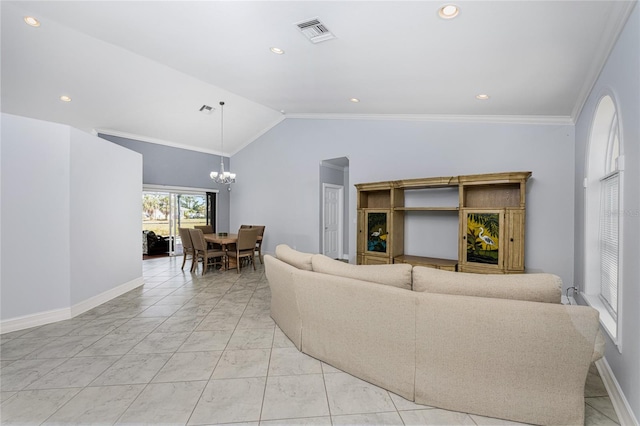 living room with crown molding, light tile patterned flooring, vaulted ceiling, and an inviting chandelier