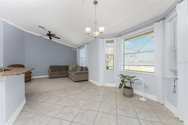 unfurnished living room with ceiling fan with notable chandelier, light tile patterned flooring, lofted ceiling, and crown molding