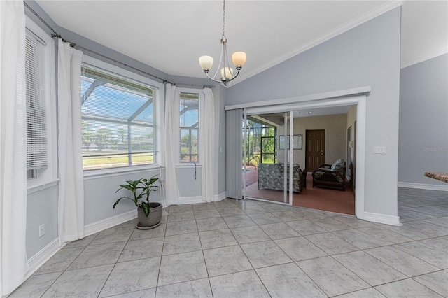 unfurnished dining area with light tile patterned flooring, vaulted ceiling, crown molding, and a notable chandelier