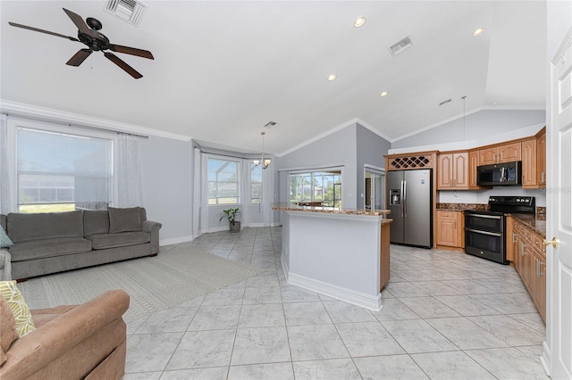 kitchen featuring ceiling fan with notable chandelier, decorative light fixtures, crown molding, and black appliances