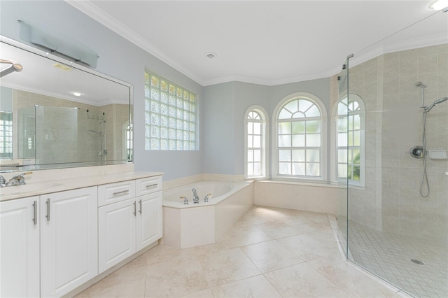 bathroom with a wealth of natural light, plus walk in shower, and ornamental molding