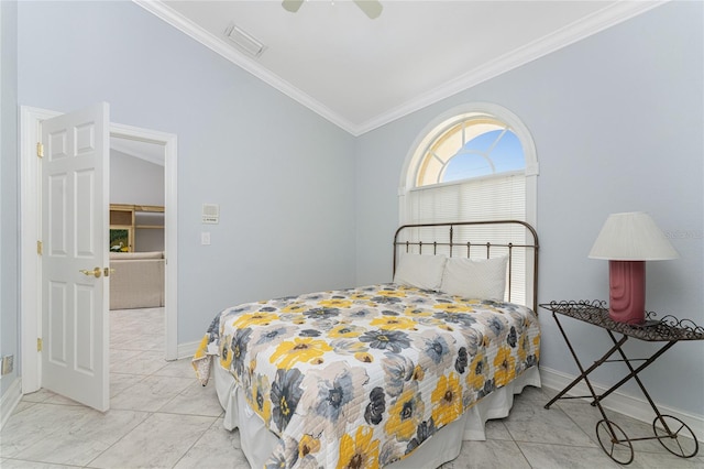 bedroom with ornamental molding, ceiling fan, and lofted ceiling