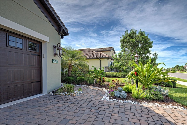 view of terrace featuring a garage