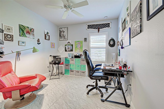 office space featuring tile floors and ceiling fan