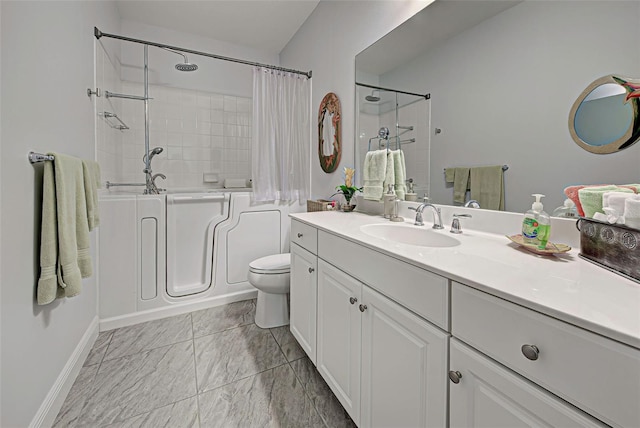 full bathroom featuring tile flooring, vanity, toilet, and shower / tub combo with curtain