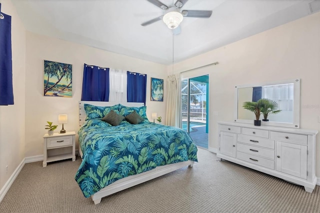 carpeted bedroom featuring ceiling fan and access to outside