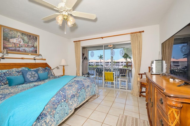 bedroom with access to outside, ceiling fan, and light tile floors