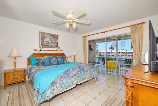 bedroom featuring ceiling fan, access to exterior, and light tile floors