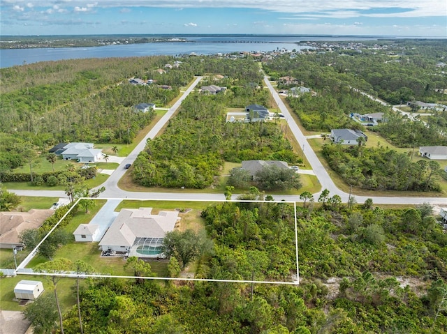 aerial view featuring a water view