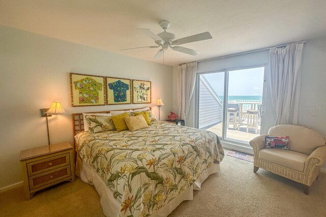 bedroom featuring carpet flooring, ceiling fan, and access to exterior