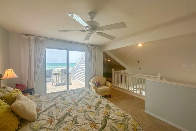 bedroom featuring access to outside, carpet floors, and ceiling fan