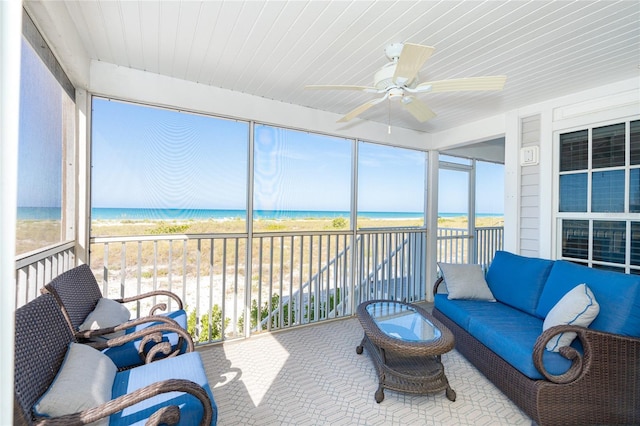 sunroom / solarium with ceiling fan, wooden ceiling, and a water view