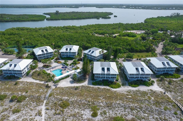 drone / aerial view featuring a water view