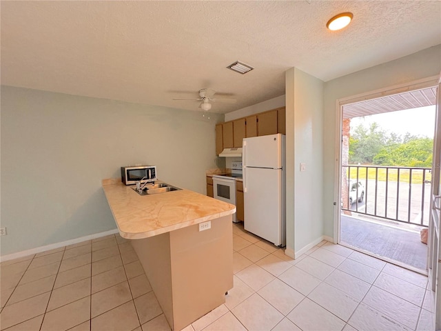 kitchen featuring ceiling fan, white refrigerator, sink, kitchen peninsula, and range with electric stovetop