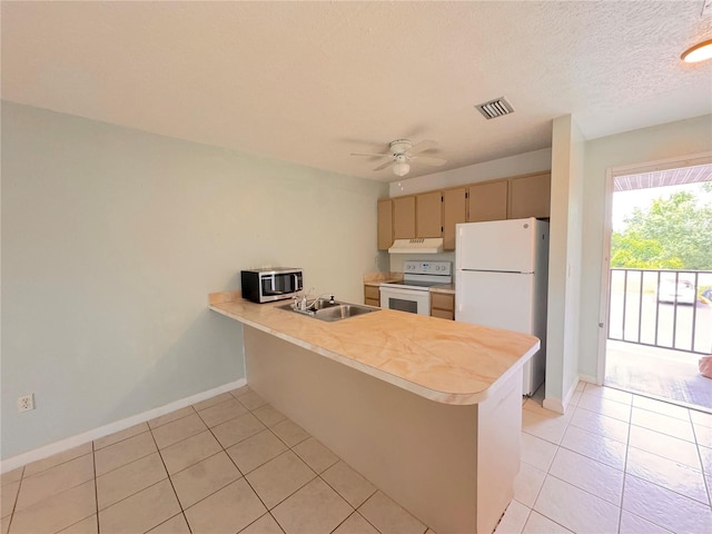 kitchen featuring ceiling fan, sink, kitchen peninsula, light tile patterned flooring, and white appliances