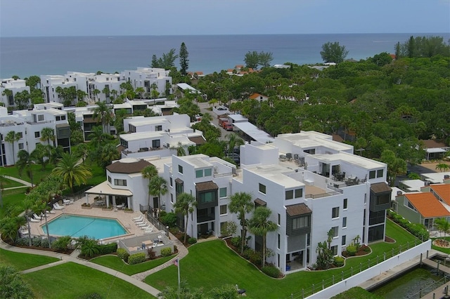 drone / aerial view featuring a water view