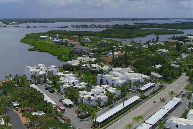 bird's eye view with a water view