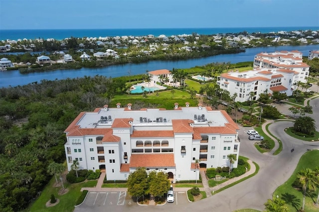 aerial view featuring a water view