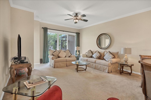 living room with carpet, ceiling fan, and ornamental molding