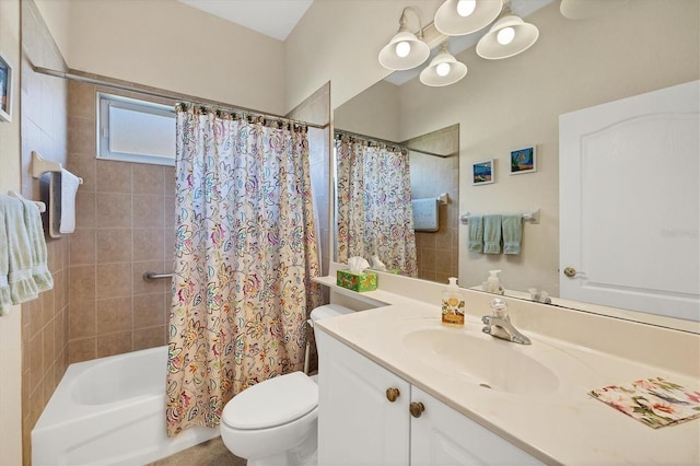 full bathroom featuring vanity, toilet, and shower / tub combo with curtain